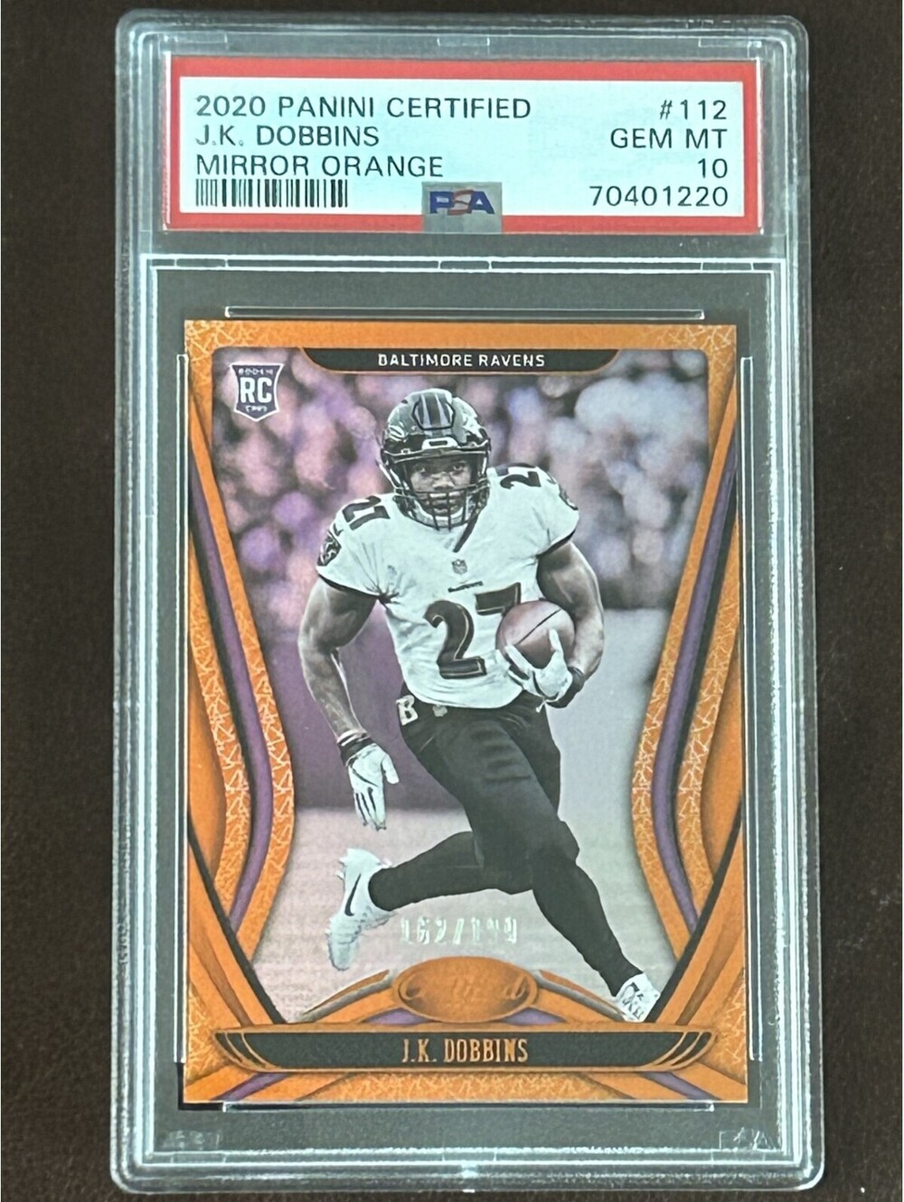 2020 JK DOBBINS ROOKIE PANINI CERTIFIED MIRROR ORANGE #’d /199 PSA GRADED 10 RC